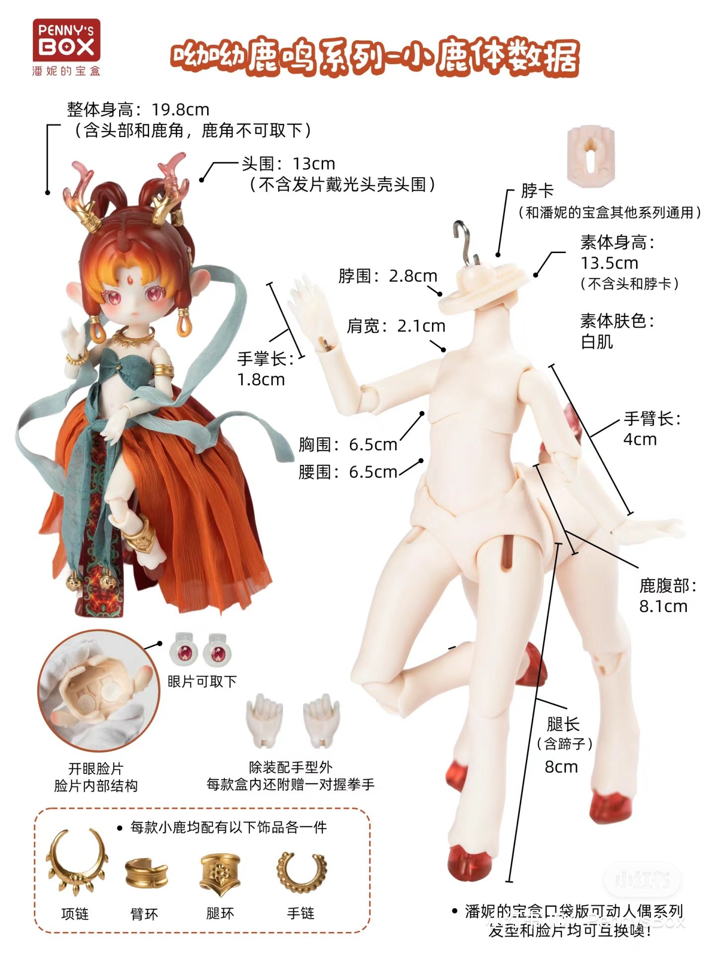 A blind box series featuring Penny Box Silk Road Souvenir BJD dolls. Image shows doll parts, dress, ribbon, and a gold ring with a flower design. From Strangecat Toys.