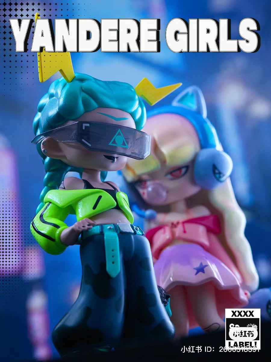A blind box series featuring Yandere Girls 2.0 Reject The Label. Includes 6 regular designs and 1 secret. Cartoon characters and toy close-ups visible.