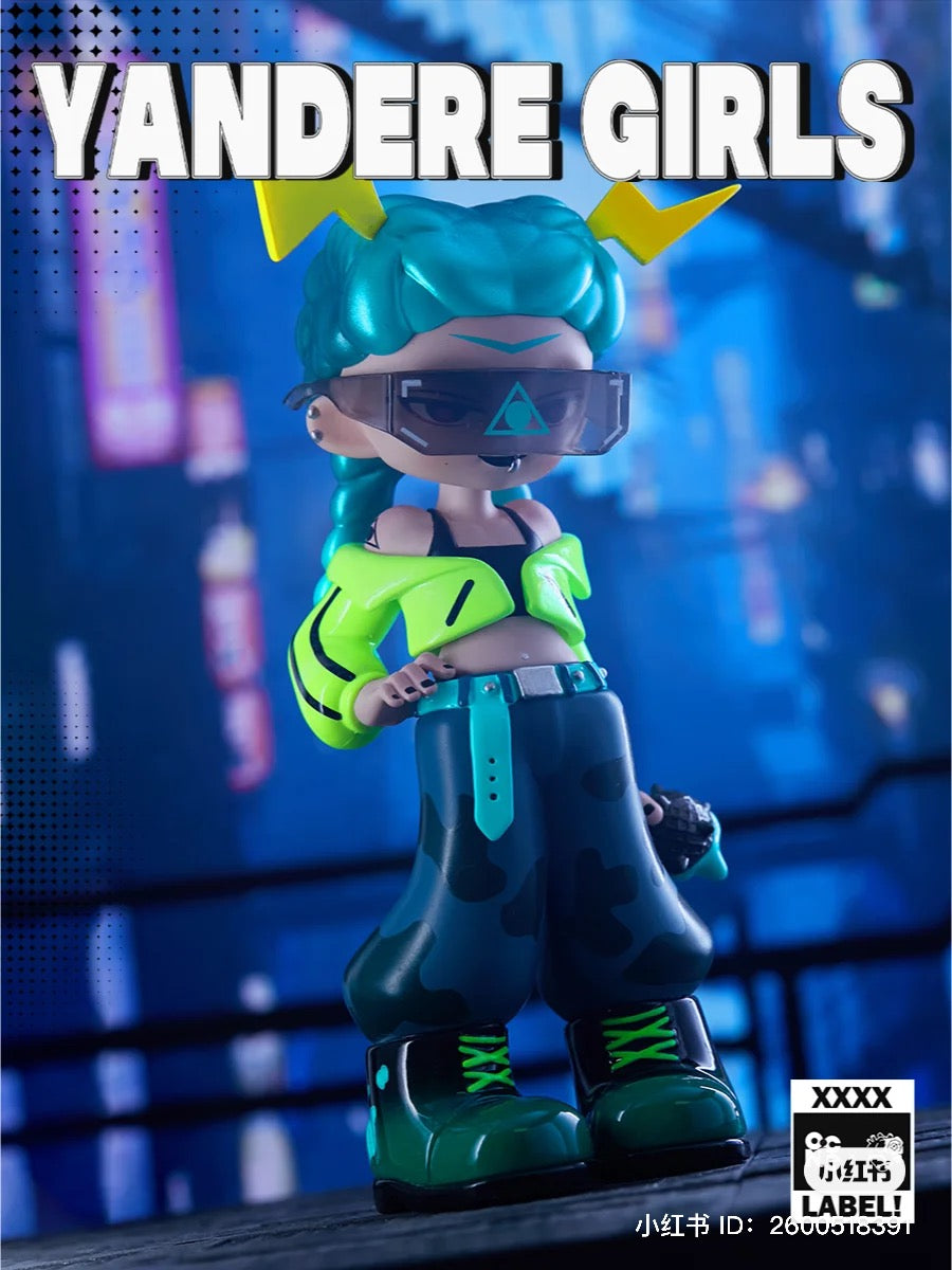 An alt text for the image could be: Yandere Girls 2.0 Reject The Label Blind Box Series featuring a toy figurine of a cartoon character with blue and green hair, part of Strangecat Toys' blind box and art toy collection.