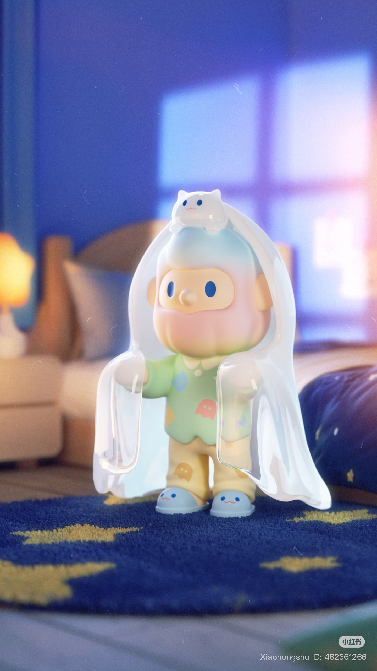 Farmer Bob Flash Back Blind Box Series toy in pajamas with a ghost sheet and cat figurine, set in a cozy child's bedroom.