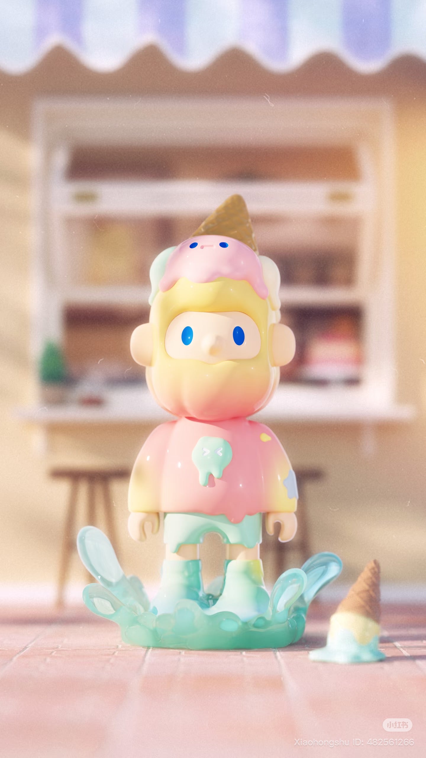 Farmer Bob Flash Back Blind Box Series figure, ice cream-themed with a waffle cone hat, standing on a mint splash, next to a melted cone.
