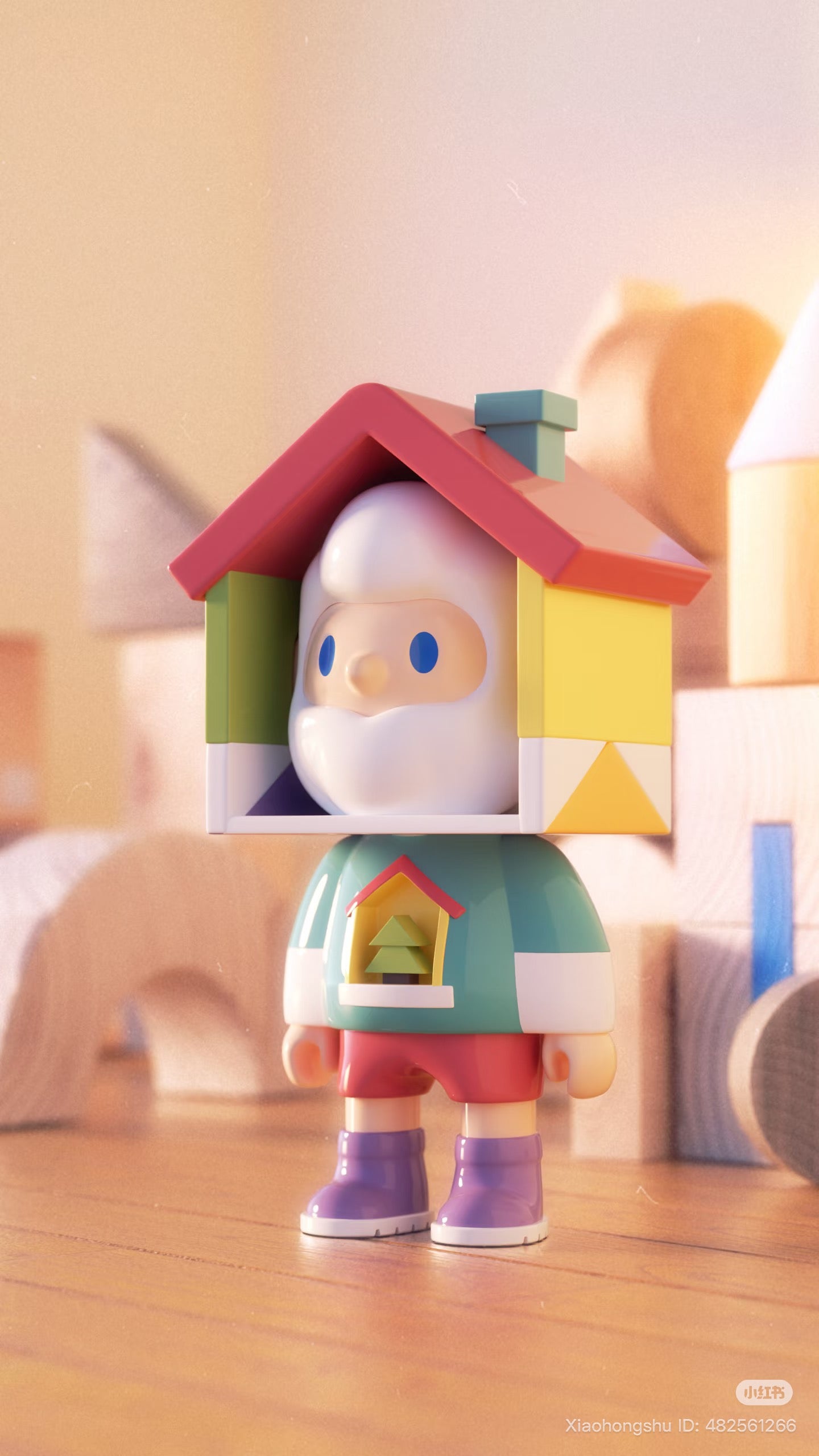 Farmer Bob Flash Back Blind Box Series: Vinyl toy figure with house-shaped helmet, turquoise sweater, red shorts, and purple boots, set against blurred toy blocks.