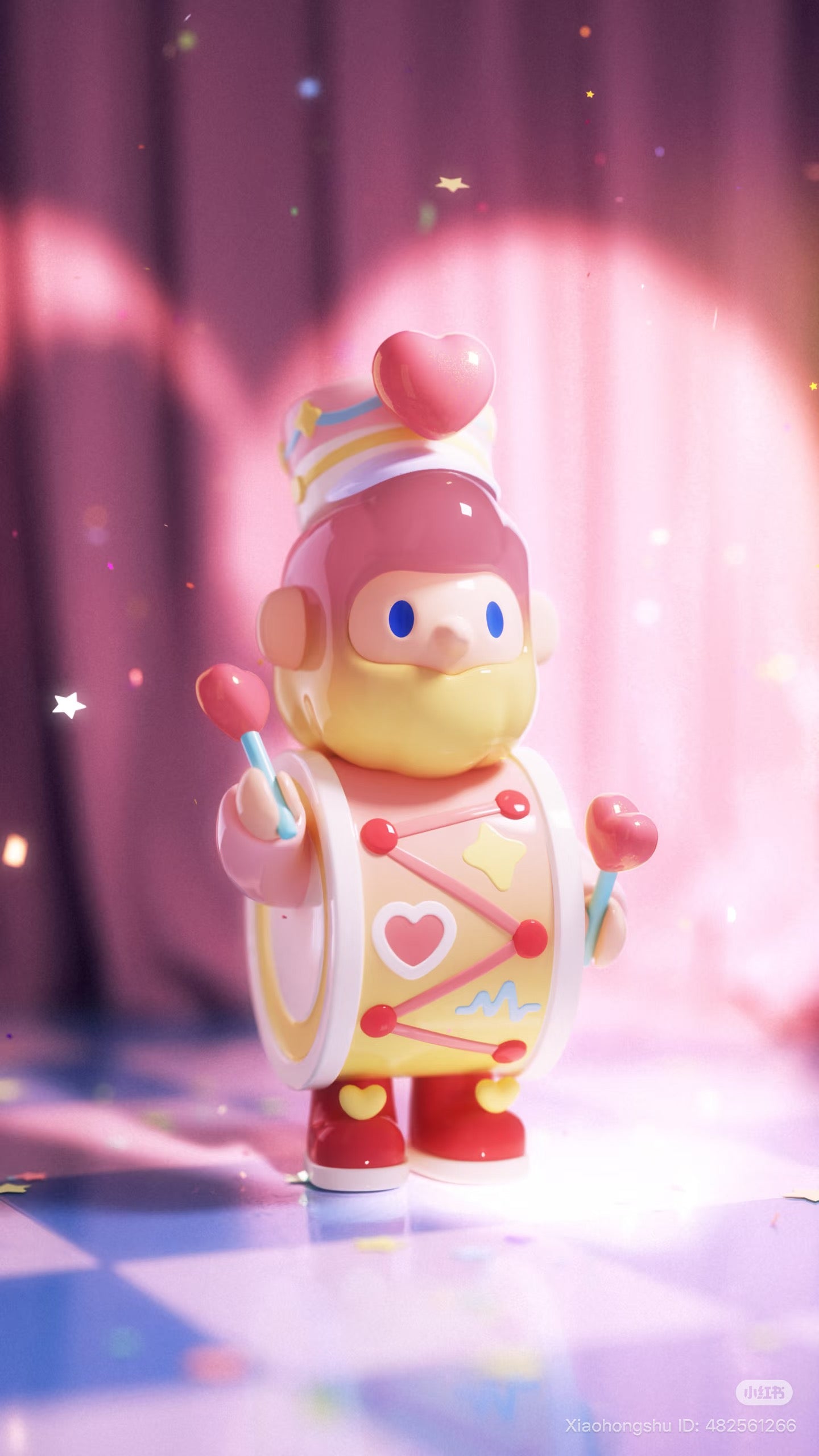Farmer Bob Flash Back Blind Box Series: Pastel drummer toy figure with drum-shaped torso, heart-topped mallets, and striped hat, on checkered floor.