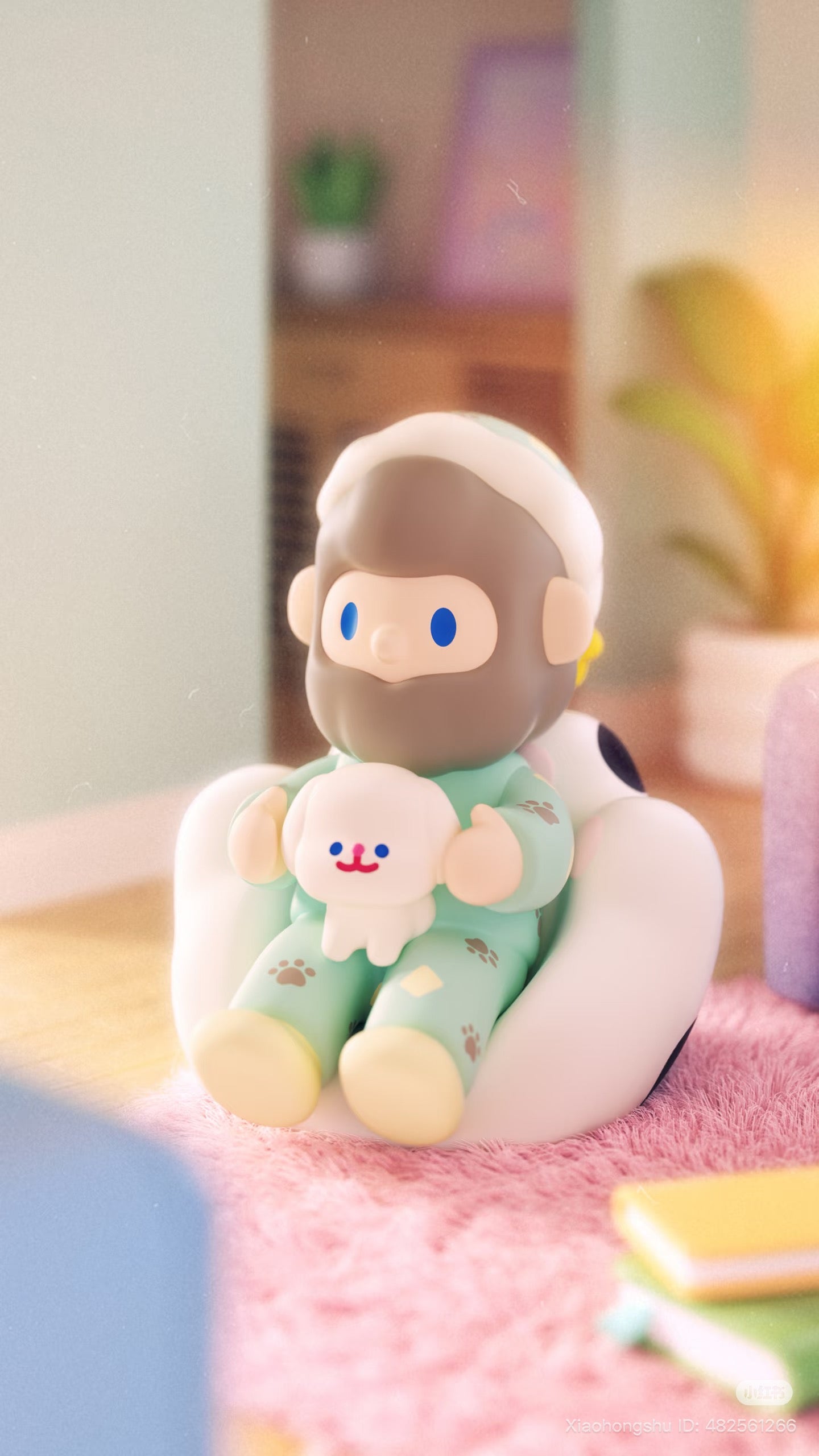 Farmer Bob Flash Back Blind Box Series figurine in green pajamas, holding a plush dog, seated in an armchair on a pink rug.