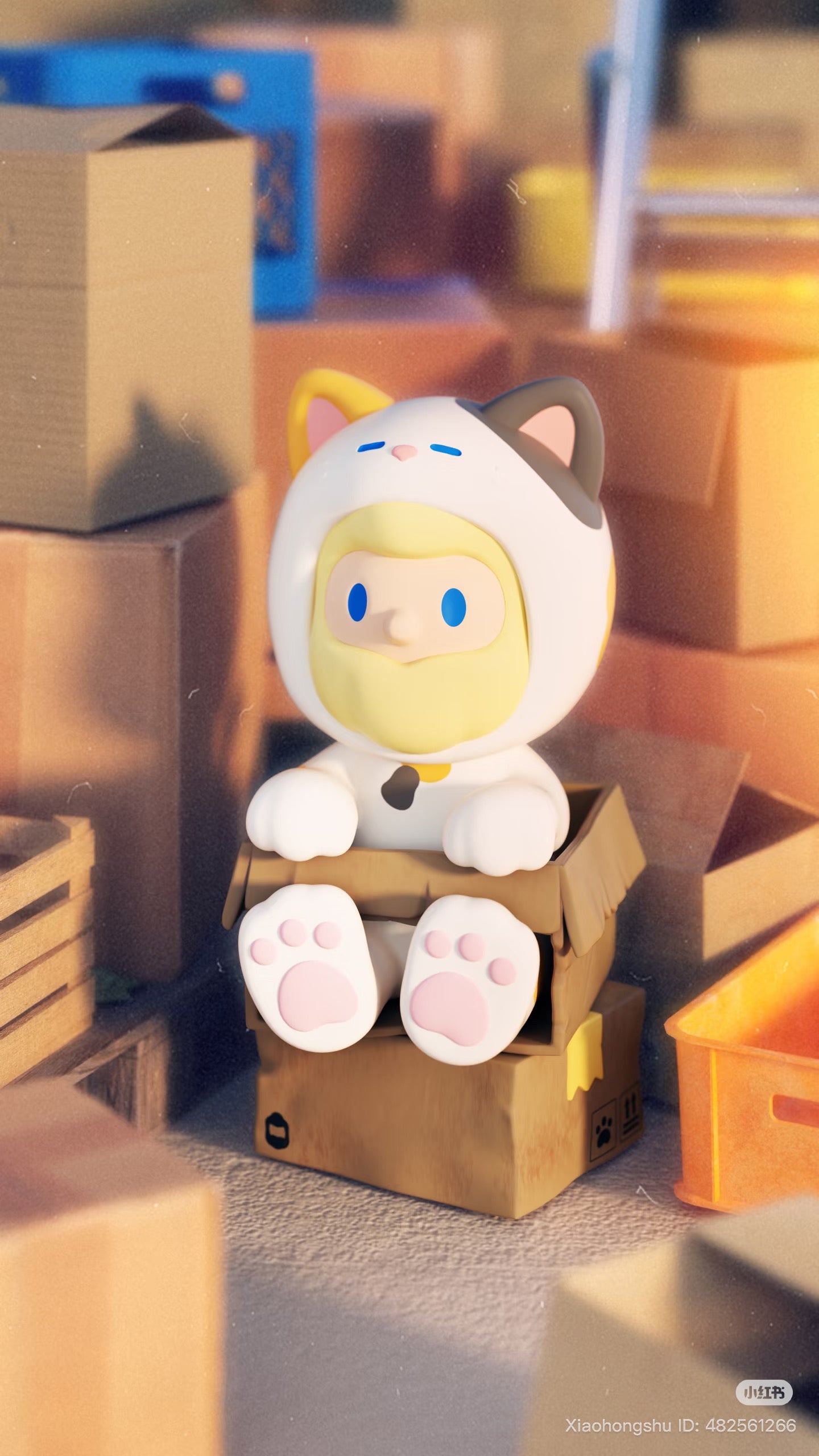 Chibi-style figure in white cat onesie from Farmer Bob Flash Back Blind Box Series, perched in a cardboard box, surrounded by crates and boxes.