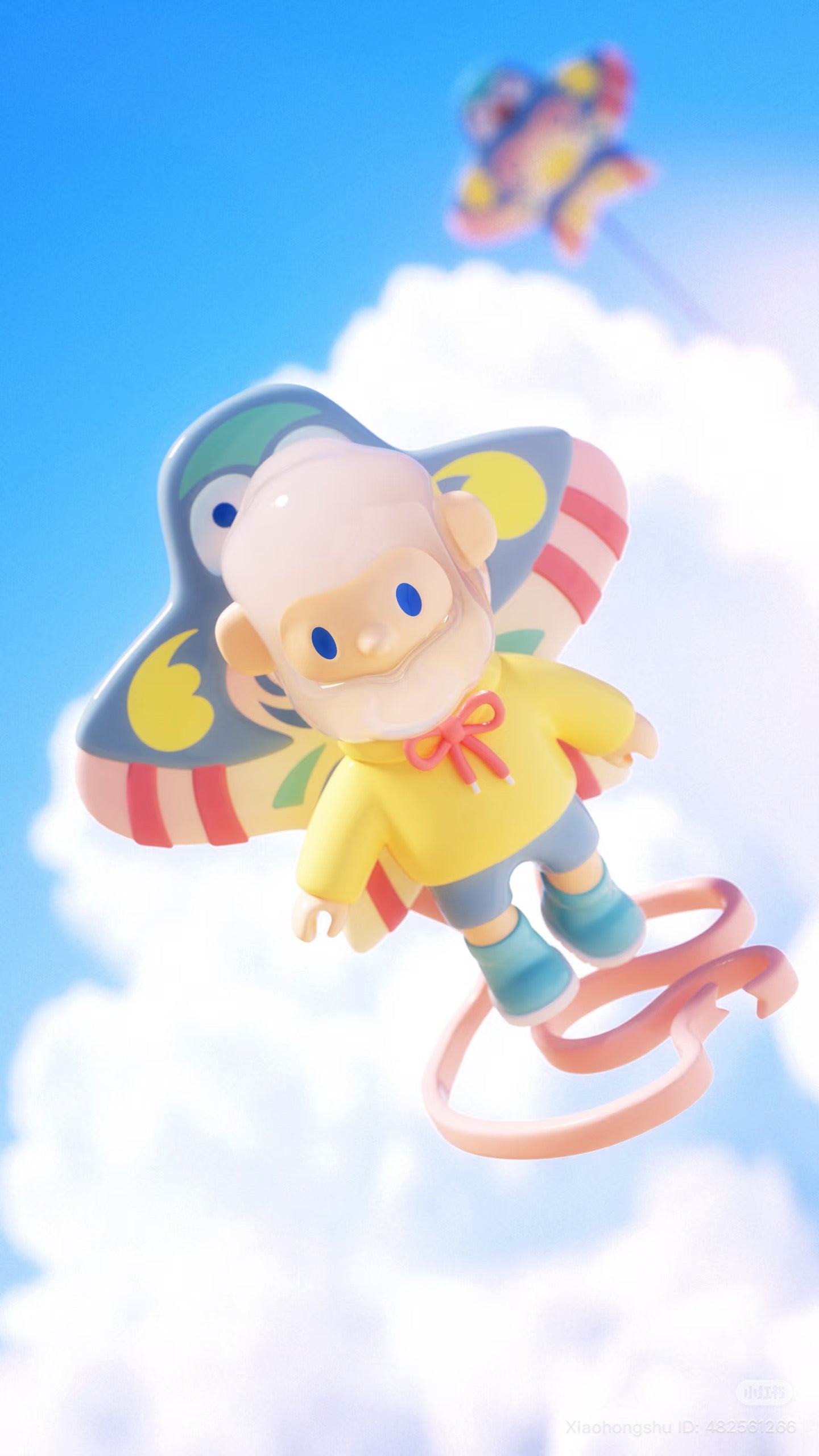 Cartoon figure with wings and coil feet from Farmer Bob Flash Back Blind Box Series, floating in a bright sky, preorder for November 2025.