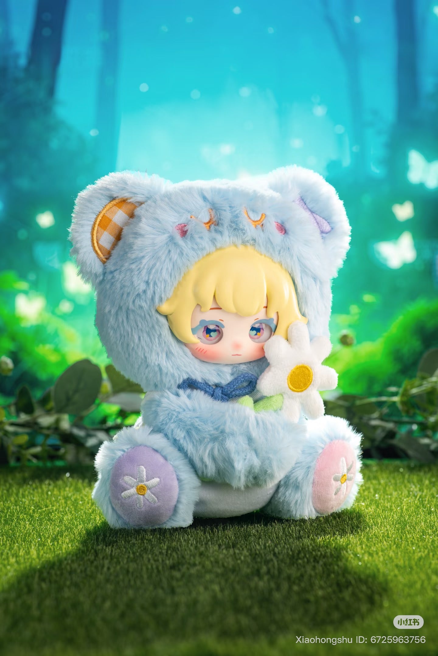 NYZEE Sleeping Garden Series figure in a fluffy bear costume, holding a plush daisy, set in an enchanted forest backdrop. Preorder for Q4 2025 shipment.