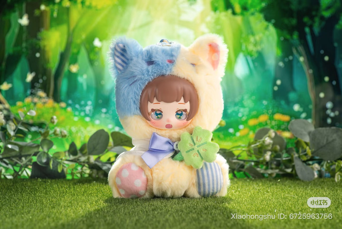 NYZEE Sleeping Garden Series plush doll with fluffy hood and ears, holding a clover plush, set against a forest backdrop.