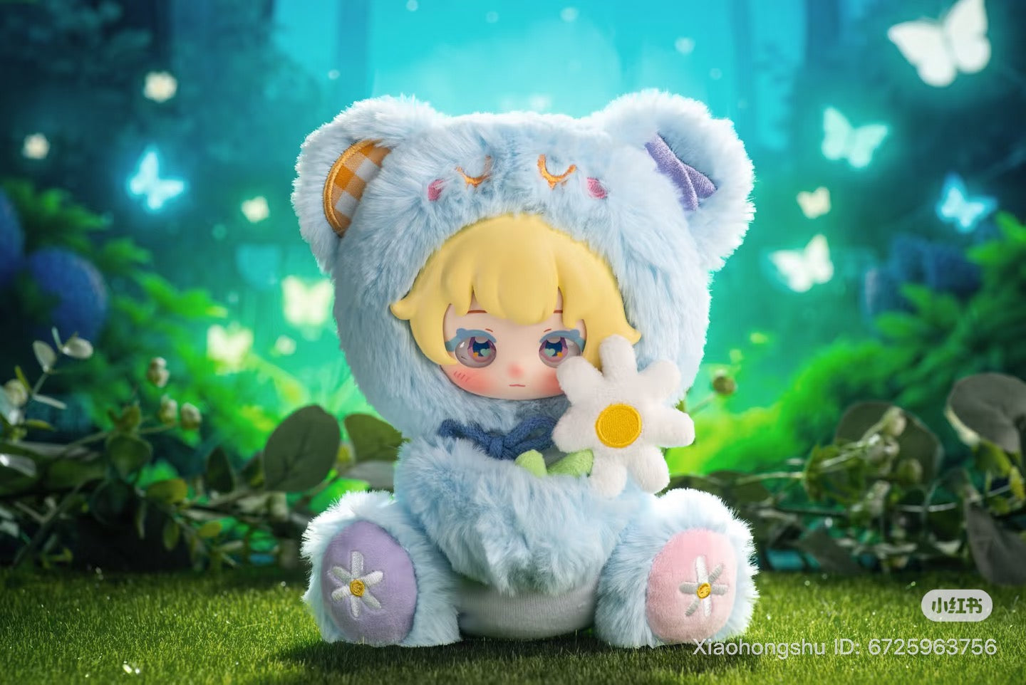 NYZEE Sleeping Garden Series doll in a blue bear suit, holding a daisy, set against a whimsical forest backdrop.