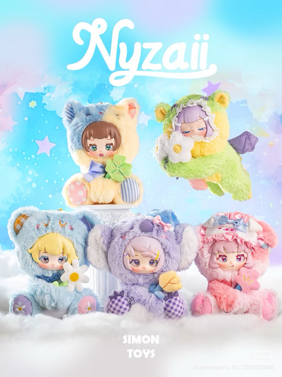 Nyzaii by Simon Toys features five plush and vinyl dolls in animal-hooded onesies, part of the NYZEE Sleeping Garden Series Blind Box.