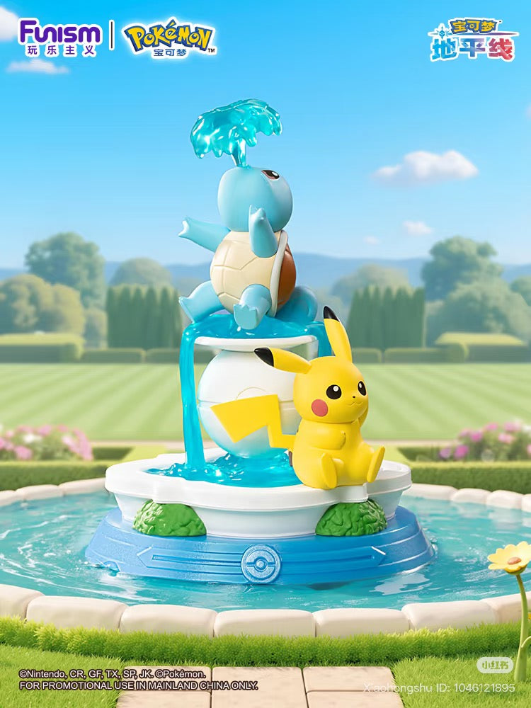 Squirtle and Pikachu tabletop fountain from Pokémon Pikachu & Friends Series Blind Box, featuring cascading water in a garden setting.