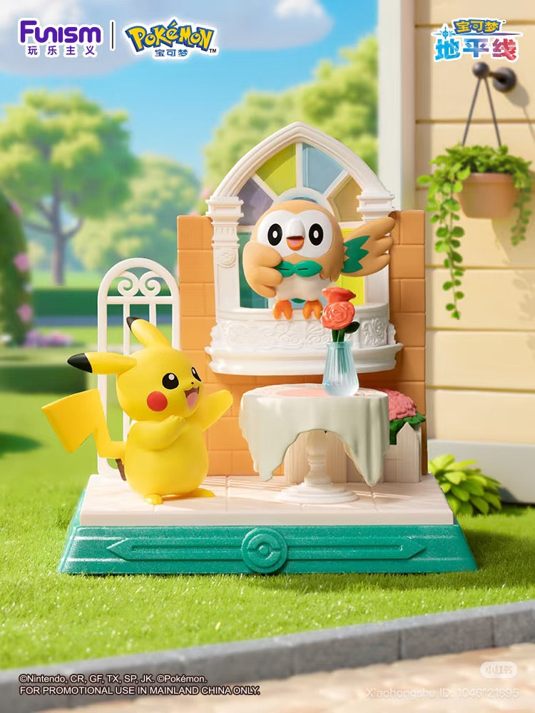 Pokémon Pikachu & Friends Series Blind Box diorama featuring Pikachu and Rowlet in a garden scene with table, vase, and greenery. Preorder for Q4 2025.