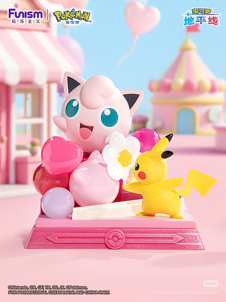 Pokémon Pikachu & Friends Series Blind Box diorama featuring Jigglypuff and Pikachu with heart-shaped balloons and a carnival backdrop.