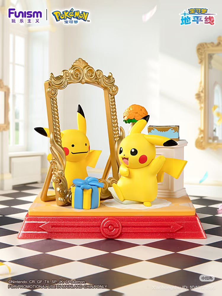 Pikachu & Friends Series Blind Box diorama featuring Pikachu with a mirror, gift box, and floral pedestal on a red platform, exclusive to mainland China.