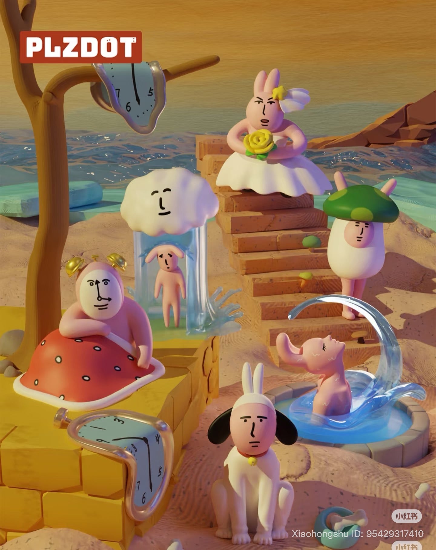 My Friend Rabbit- Abstract Rabbit Mini Series 2 Blind Box features whimsical figures on a surreal shore, including rabbit-bodied characters and Dalí-inspired melting clocks.