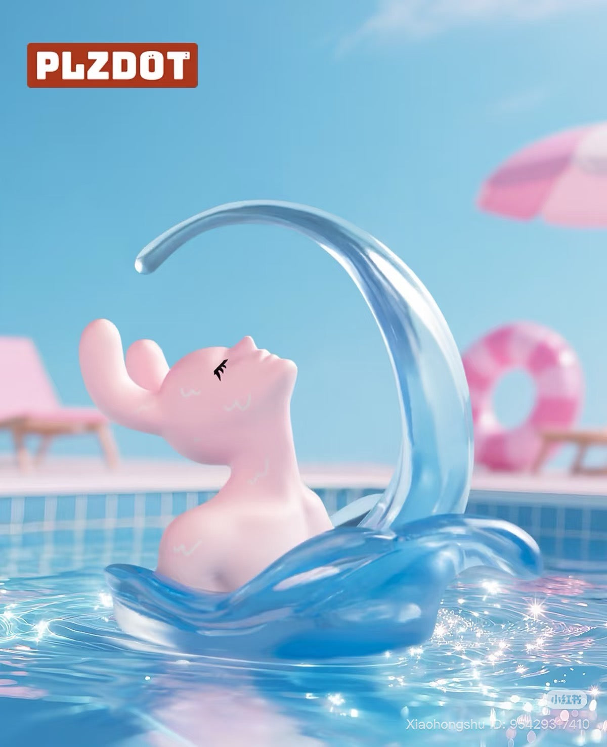 3D render of My Friend Rabbit- Abstract Rabbit Mini Series 2 Blind Box, featuring a pink rabbit bust emerging from water, sparkles glinting.