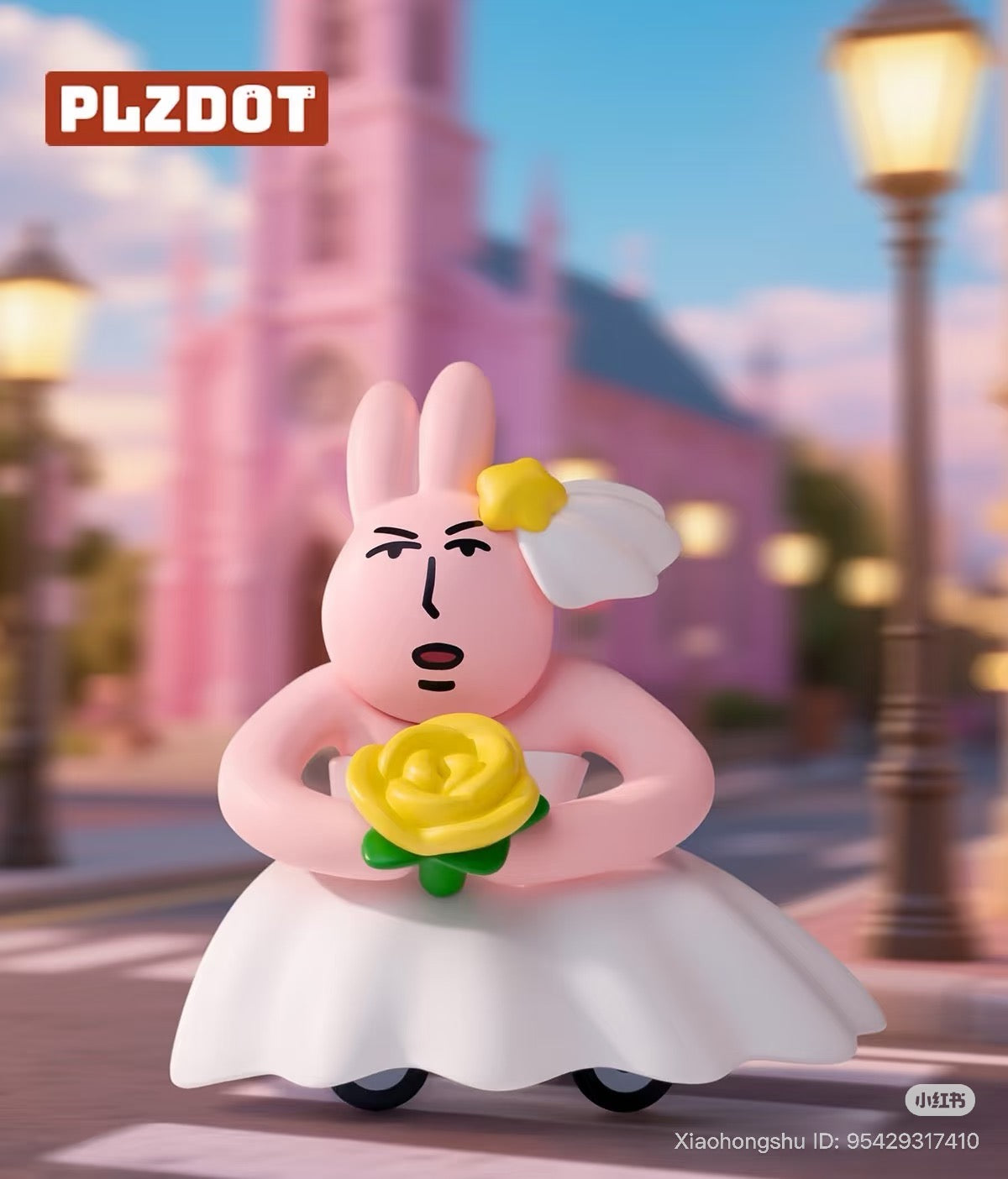 My Friend Rabbit- Abstract Rabbit Mini Series 2 Blind Box: Pink bunny bride in wedding gown, holding a yellow rose, set against a soft-lit street scene.