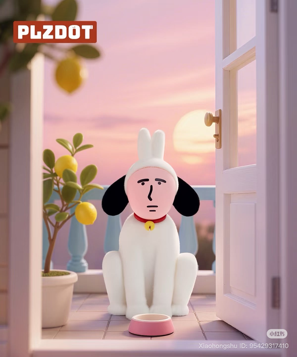 My Friend Rabbit- Abstract Rabbit Mini Series 2 toy, white dog in rabbit-ear hood, seated on a balcony at sunset, with a pink pet bowl and potted lemon tree nearby.