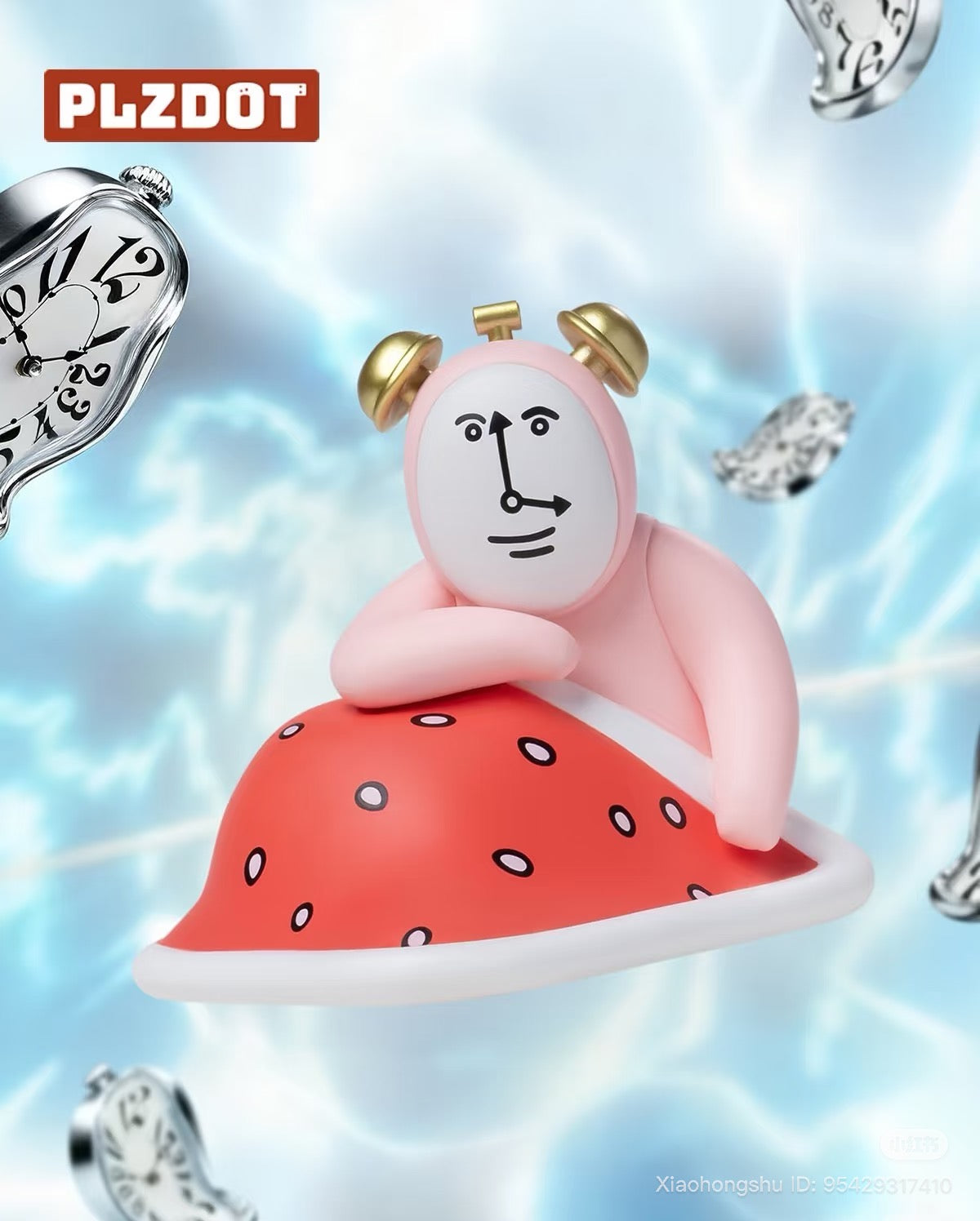 My Friend Rabbit- Abstract Rabbit Mini Series 2 Blind Box: Pink humanoid clock figure with gold ears, on a red platform, amid floating melting watches.