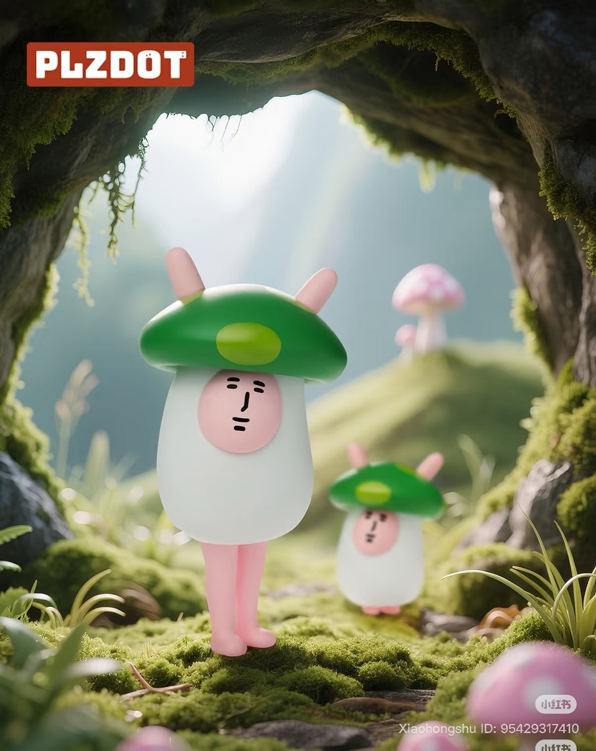 Two stylized mushroom characters from My Friend Rabbit- Abstract Rabbit Mini Series 2 Blind Box on a forest floor, set for preorder at Strangecat Toys.