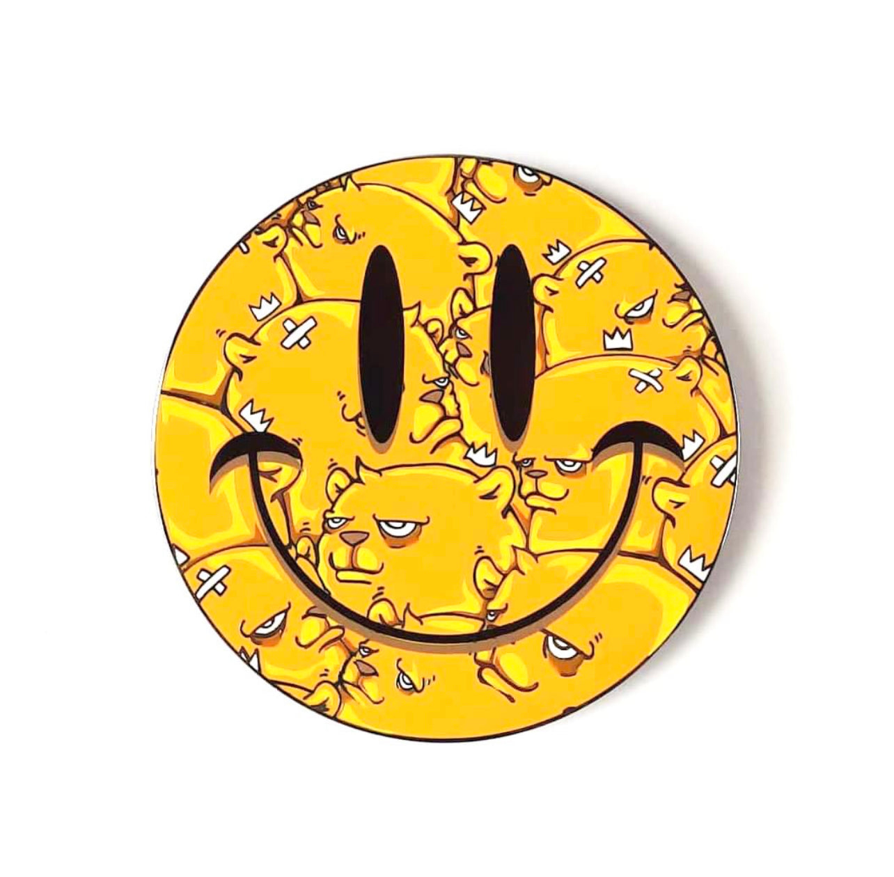 JC Rivera The Bear Champ All Smiles Enamel Magnet features a yellow cartoon bear face with a smile, encapsulated in a 3 round design.