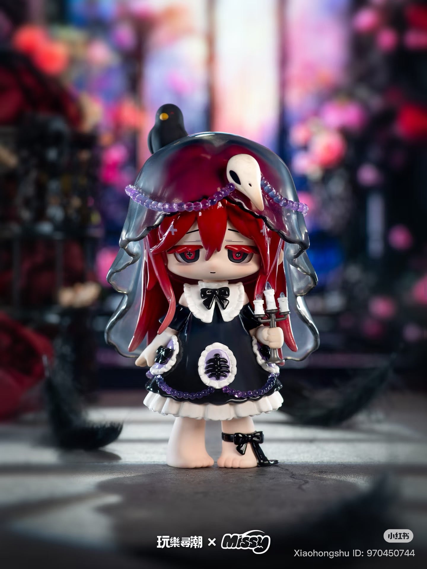 MISSY: Sweet-Gothic Lolita Crow Paradise figurine, featuring a gothic-lolita girl with red hair, black veil, candelabra, and bird atop, perfect for art toy collectors.