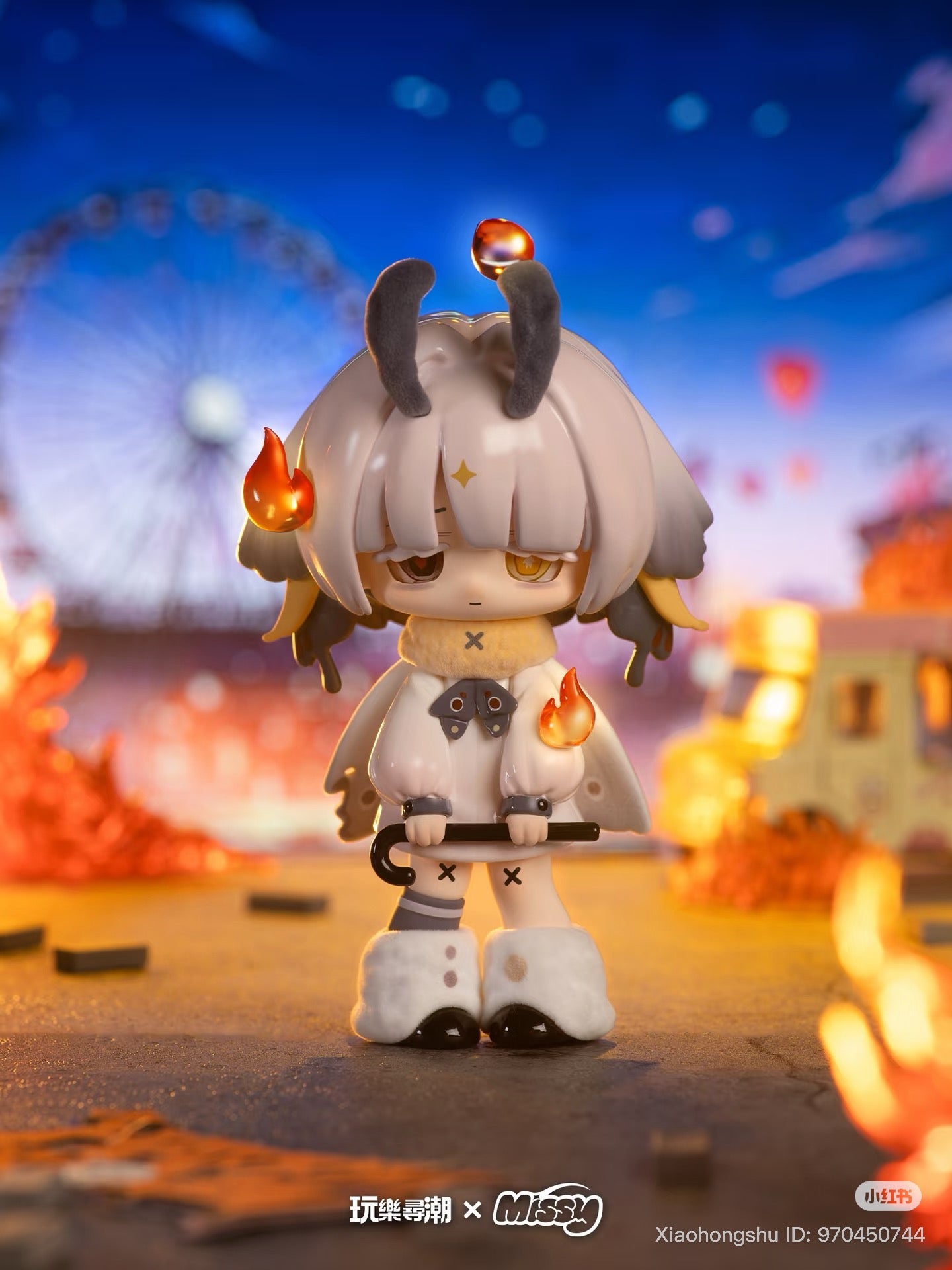 MISSY: Sweet-Gothic Lolita Crow Paradise toy with horns, star, fluffy coat, and cane, set in a carnival scene with Ferris wheel and warm lights.