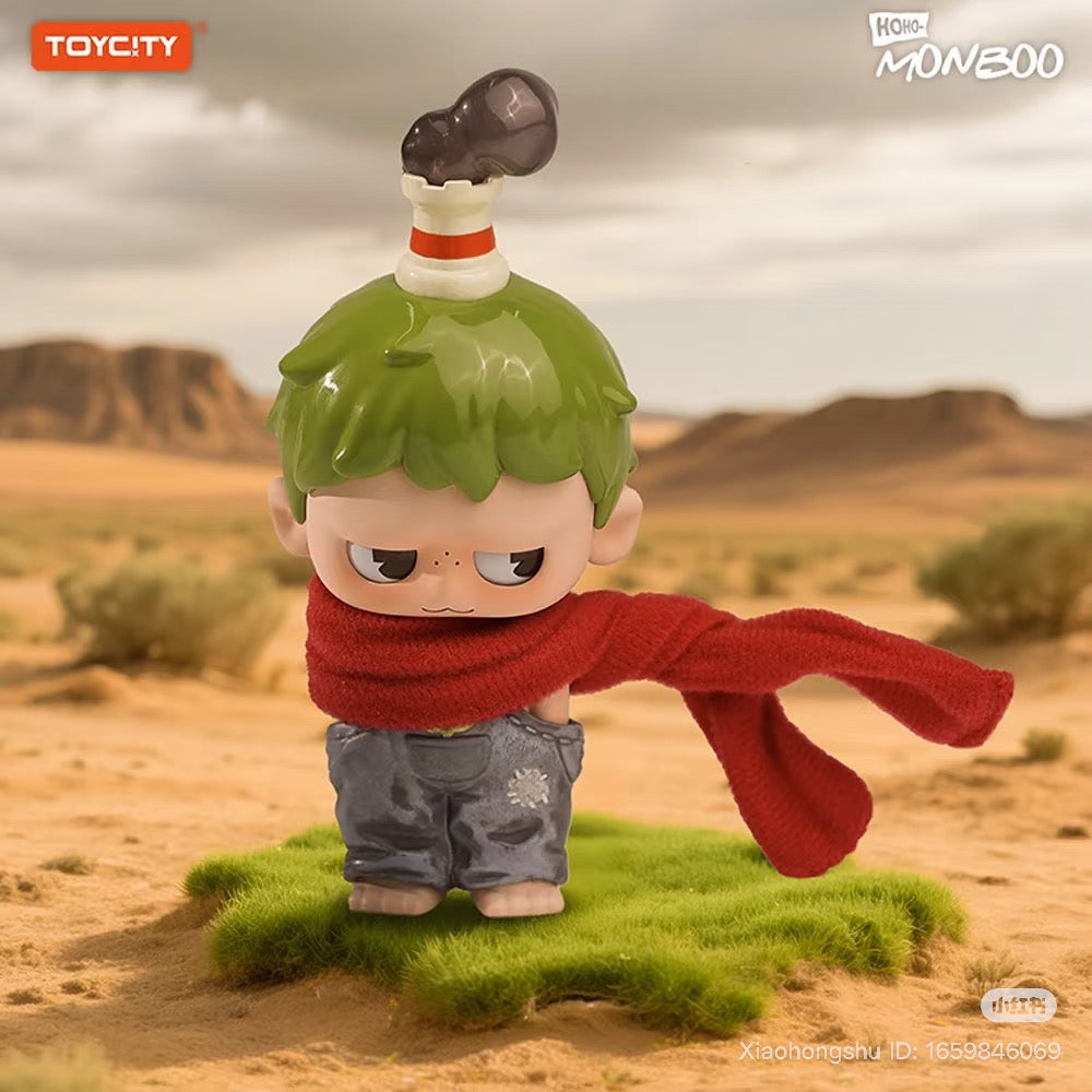 MONBOO-Guardian Of The Homeland Series Blind Box figure with leaf-like hair, castle turret, jeans, red scarf, in desert setting. Preorder for Strangecat Toys.