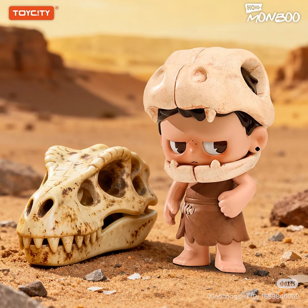 MONBOO-Guardian Of The Homeland Series Blind Box features a cave-boy figure with a dinosaur skull helmet, part of a 6-design collectible series by TOYCITY and HOHO-MONBOO.