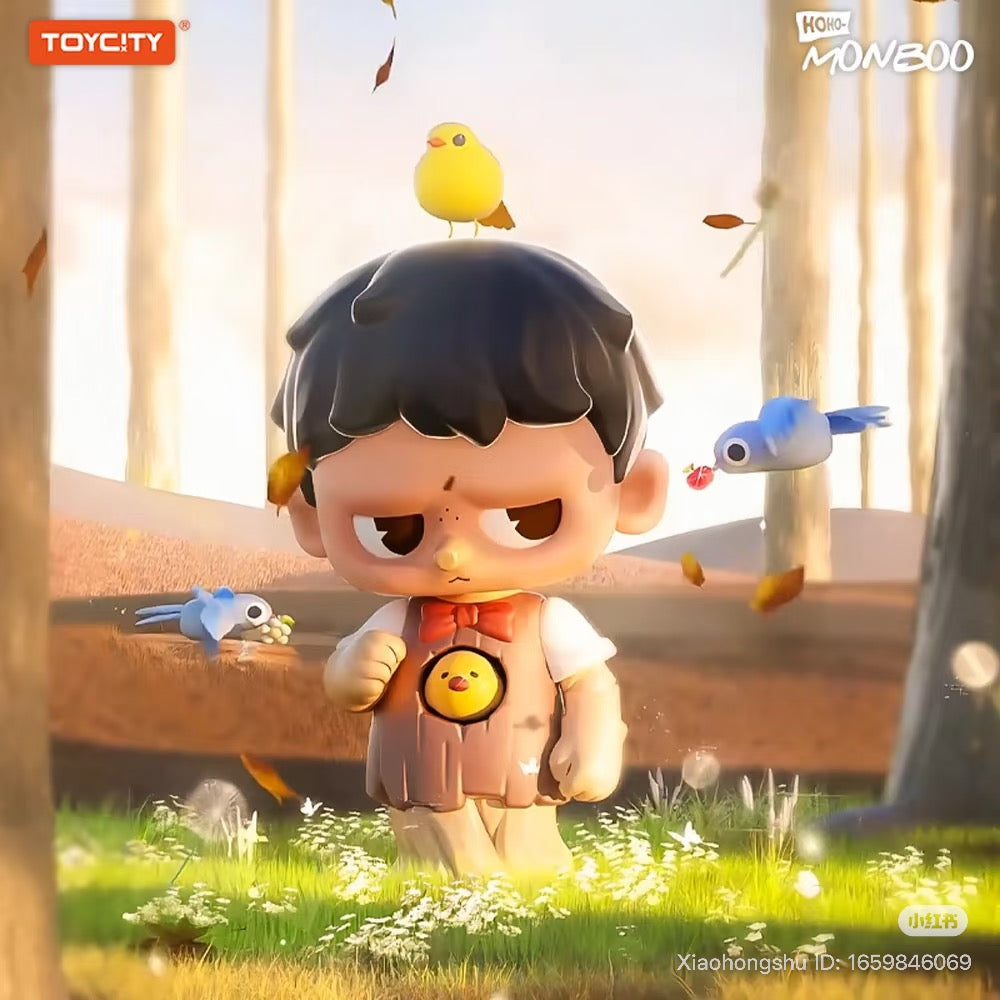 3D-rendered MONBOO-Guardian Of The Homeland Series Blind Box figure in forest glade, grumpy boy with bow tie, birds, and drifting leaves.