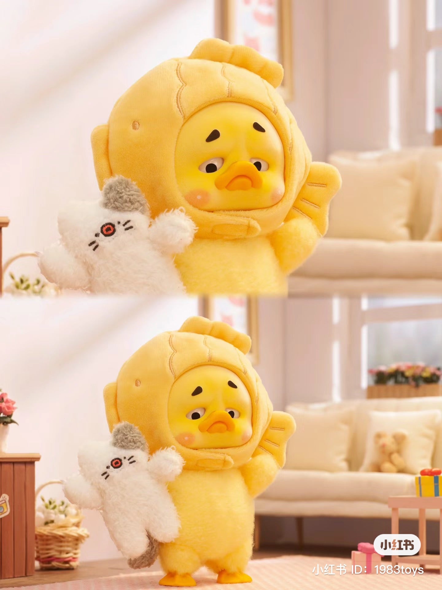 A blind box series featuring Upsetduck - Act Cute design with a stuffed animal in a yellow garment, holding a toy. Preorder now for July 2024.