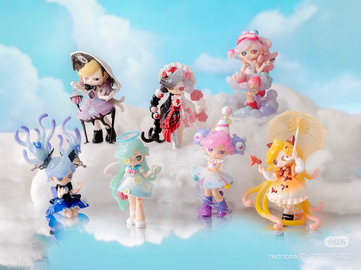Memimo-Unusual Dream Blind Box Series Figure display featuring chibi fantasy-themed characters on a cloud surface, available for preorder at Strangecat Toys.