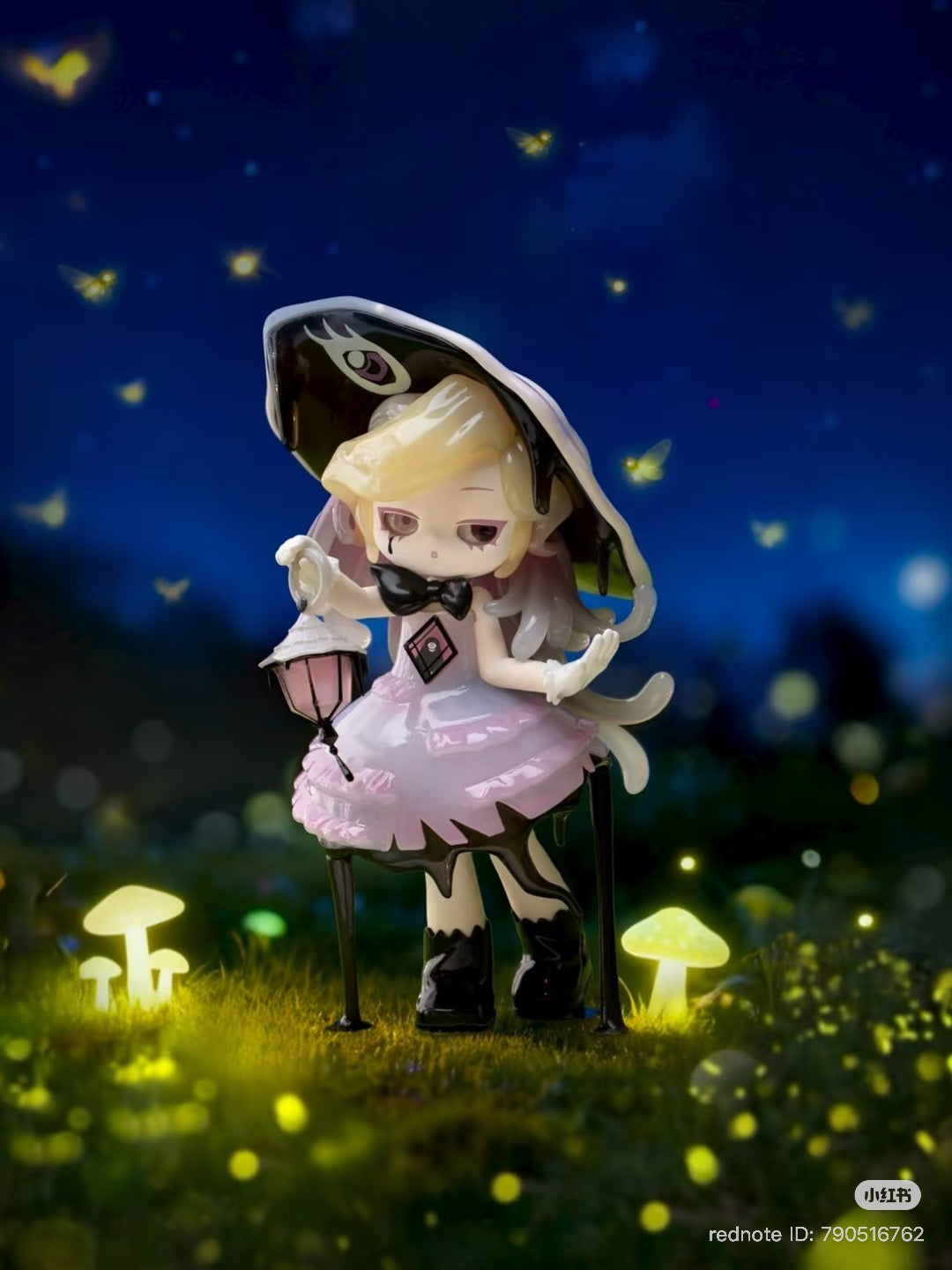 Chibi-style figurine from Memimo-Unusual Dream Series, in fantasy setting with lantern, mushroom hat, and glowing mushrooms, available for preorder at Strangecat Toys.