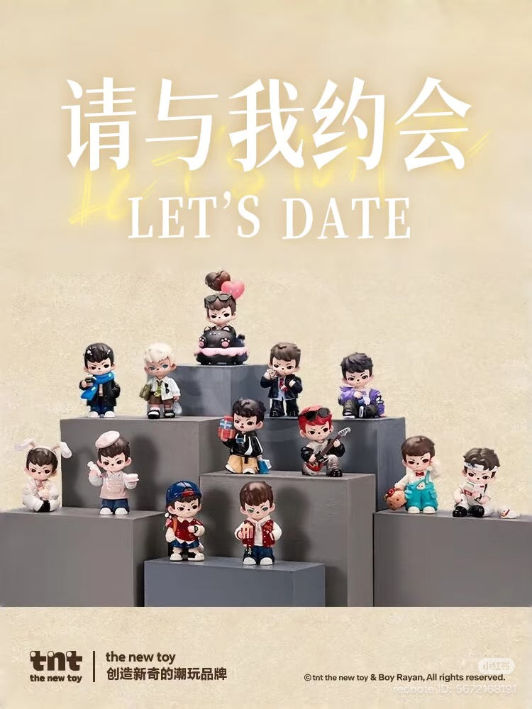 Rayan Let's Date Series figures Blind Box poster with chibi-style figurines in various outfits on platforms, promoting collectible toys from Strangecat Toys.