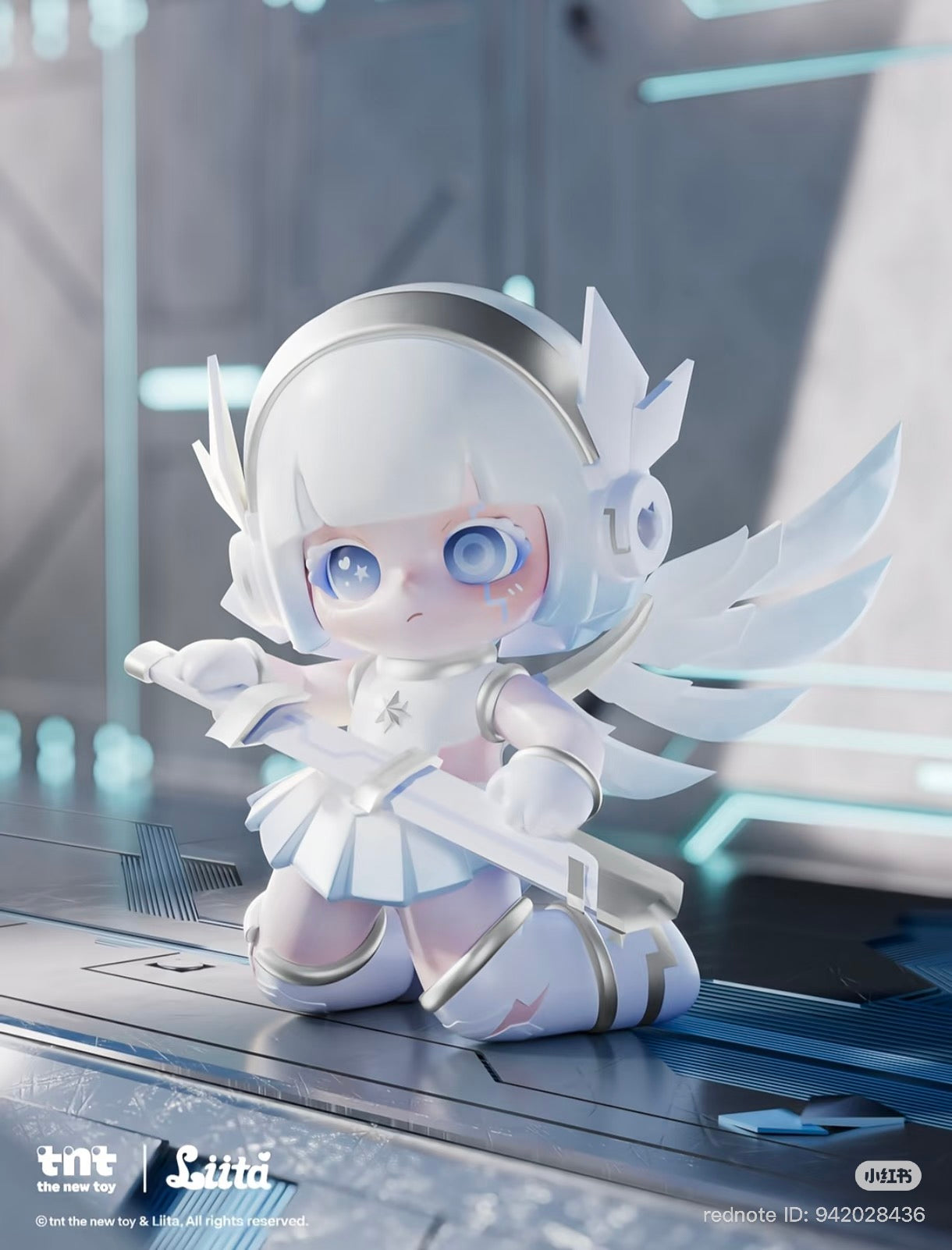 Liita Forward by Light series figure, a chibi android angel with mechanical wings and a translucent sword, set in a sci-fi environment.