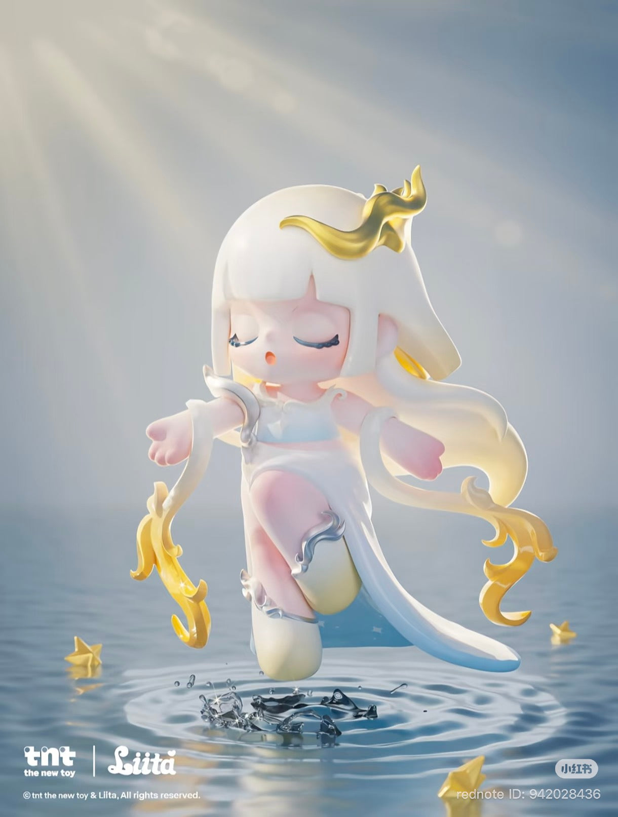 Chibi-style figurine from Liita Forward by Light series, floating above water, featuring white hair, golden ornaments, and a white dress, available for preorder at Strangecat Toys.