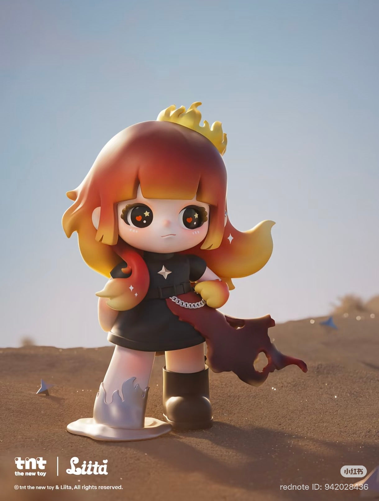 Liita Forward by Light series figure, a flame princess with fire crown, melting boot, and starry eyes, on sandy ground. Preorder for Strangecat Toys.