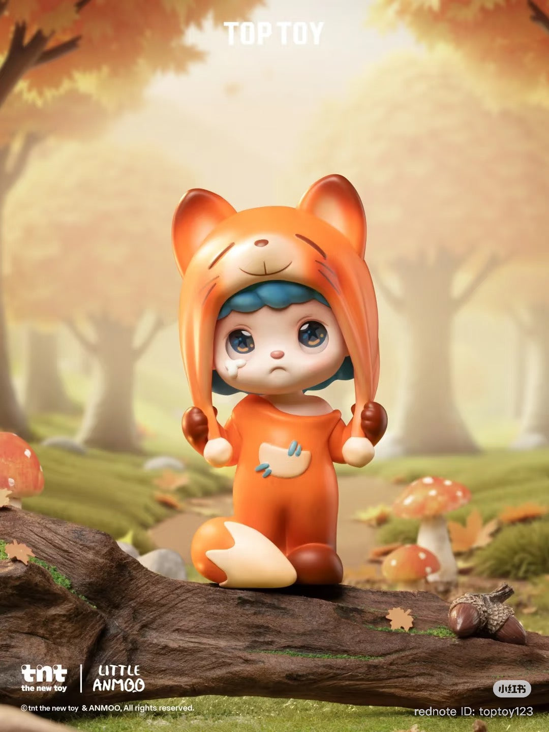 Collectible figurine of a child in a fox onesie from ANMOO Listen Attentively Blind Box Series, posed in an autumn forest setting. Preorder available.