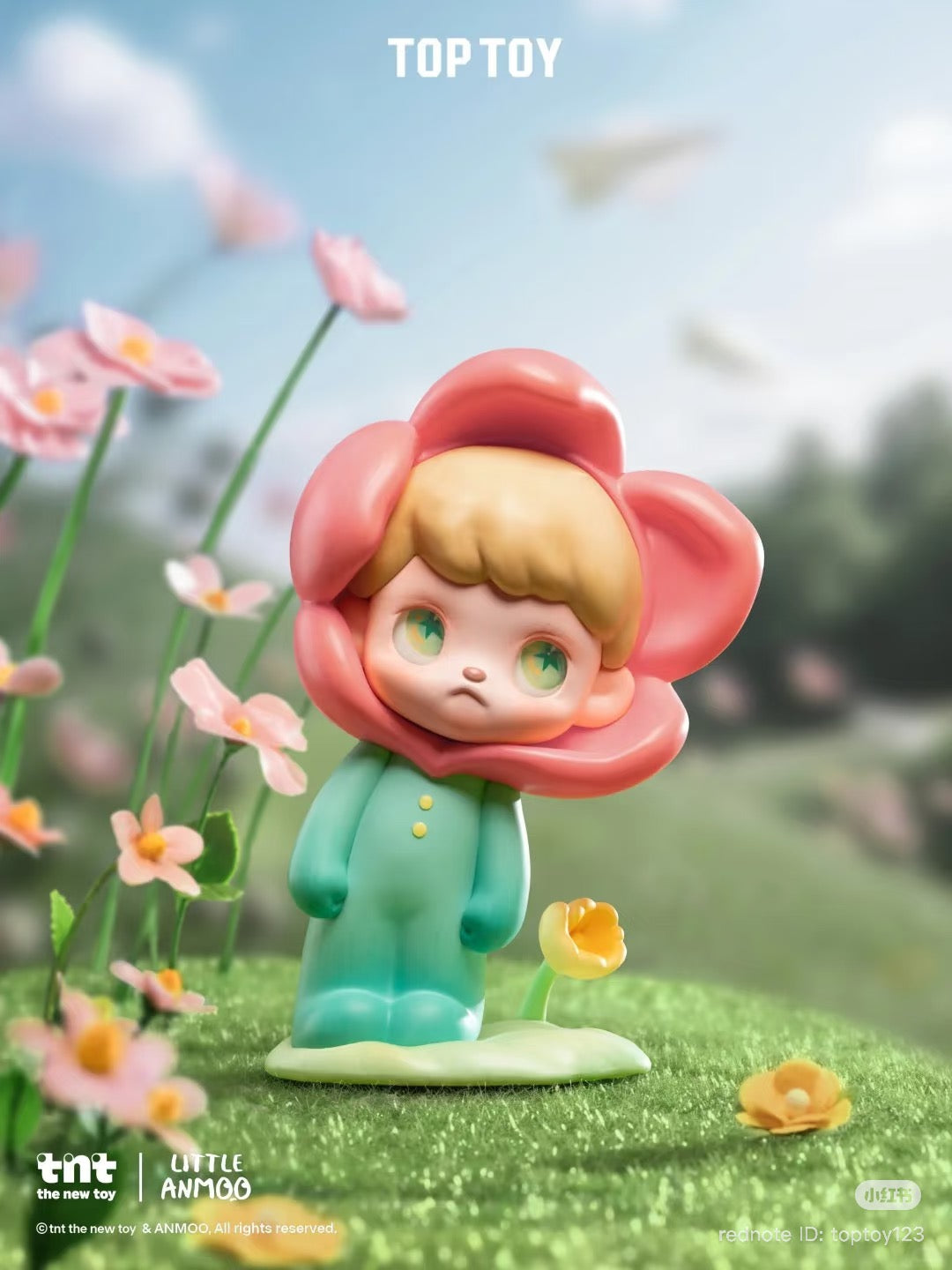 Little Anmoo designer toy in mint-green suit with pink flower face, part of the ANMOO Listen Attentively Blind Box Series Figures - Preorder.