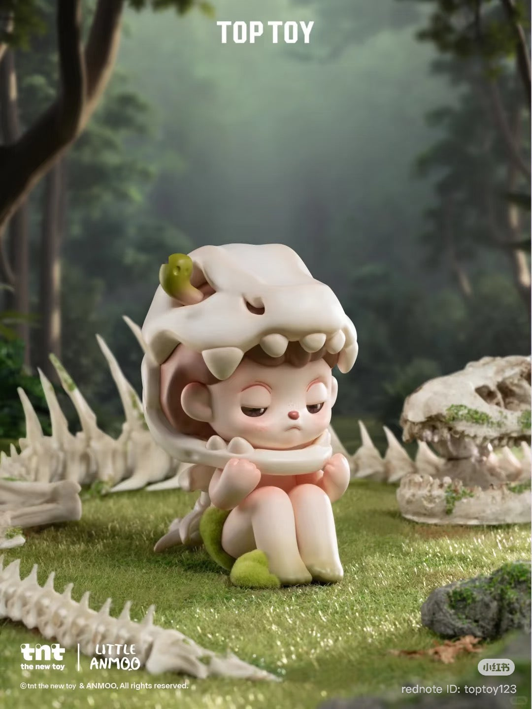 ANMOO Listen Attentively Blind Box Series Figure: chibi child with skull helmet, crouched on grass, surrounded by bones, available for preorder at Strangecat Toys.