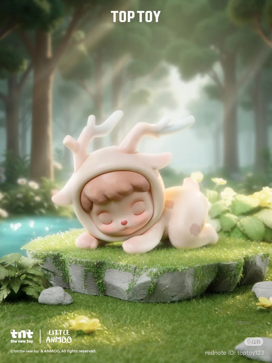 Chibi-style figure in a deer costume from ANMOO Listen Attentively Blind Box Series, resting on mossy stone in forest glade. Preorder for Q4 2025.