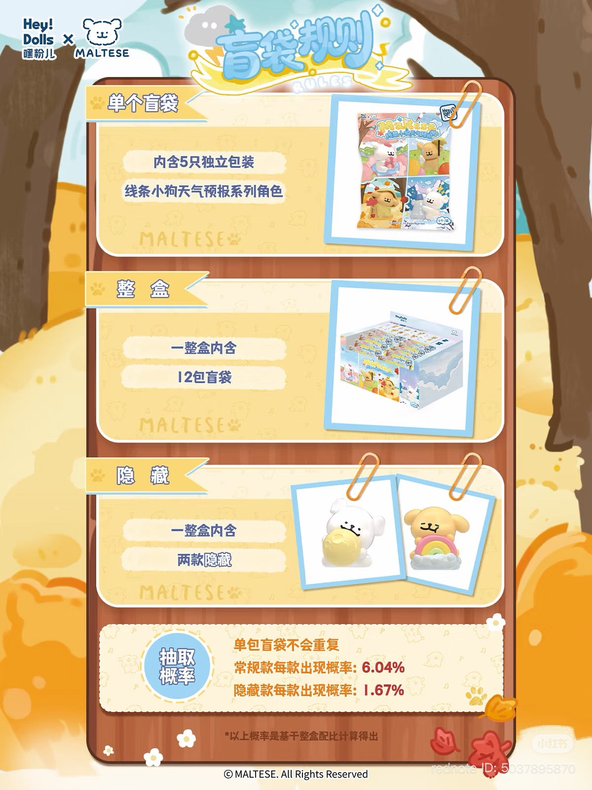 Maltese Weather Forecast Mini Blind Bag poster shows blind-bag rules, figures, and pull rates for collectible toys, featuring hidden variants and preorder info.
