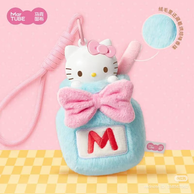 Hello Kitty Afternoon Tea Scented Blind Box Keychain: A plush charm featuring a pastel-blue pouch, pink bow, Hello Kitty head, and pink lanyard. Preorder available.