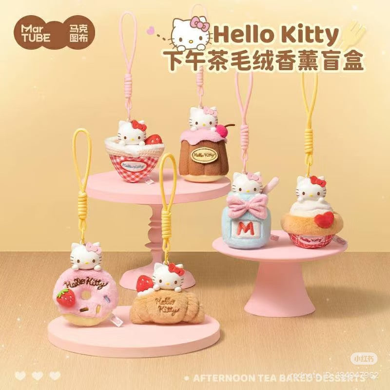 Hello Kitty Afternoon Tea Scented Blind Box Keychains featuring six dessert-themed plush charms, displayed on pastel stands, by MarTUBE, pre-order available at Strangecat Toys.