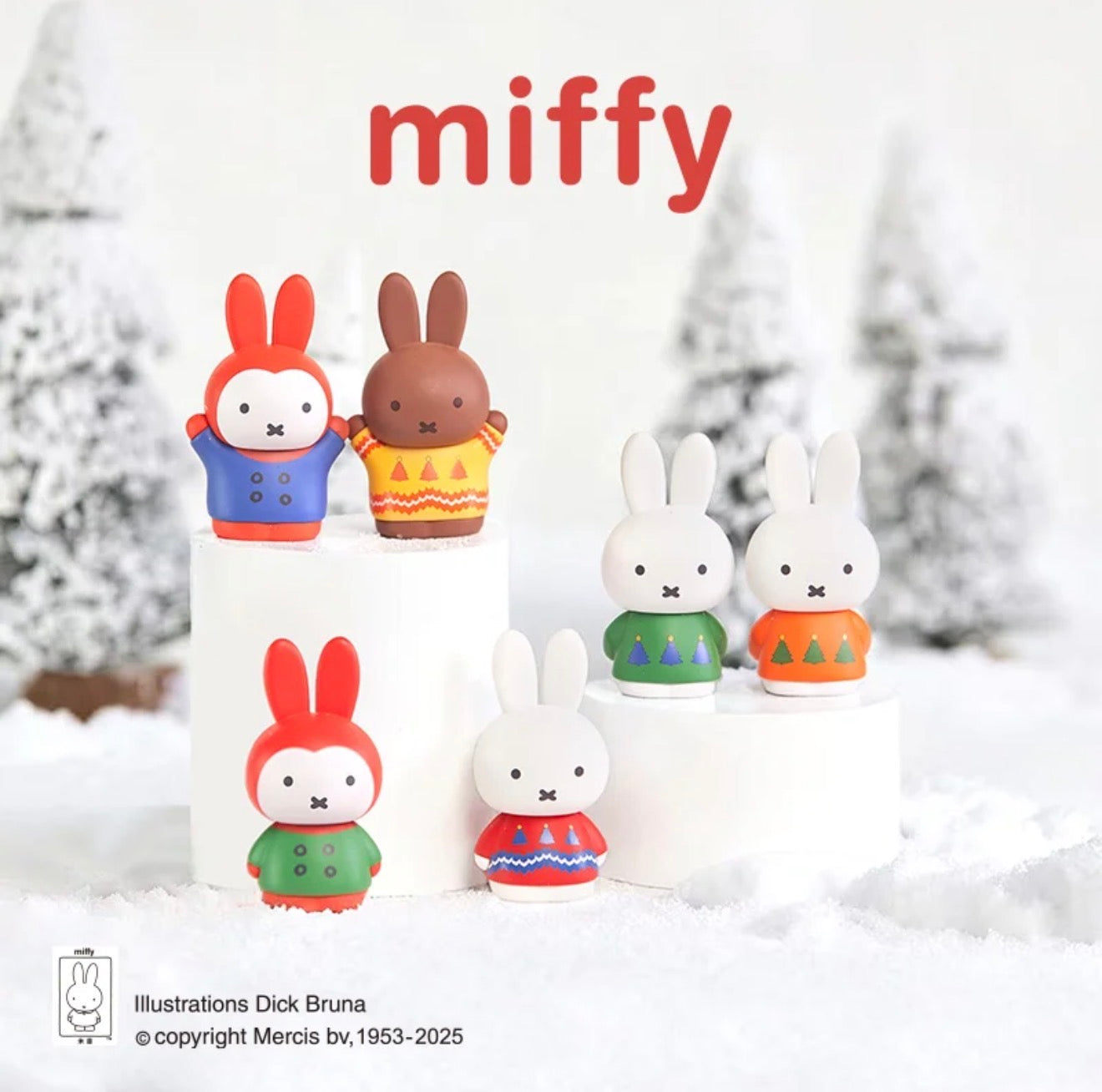 Miffy Christmas Blind Box Series featuring six winter-themed figurines on snow blocks, with a chance to discover secret designs.