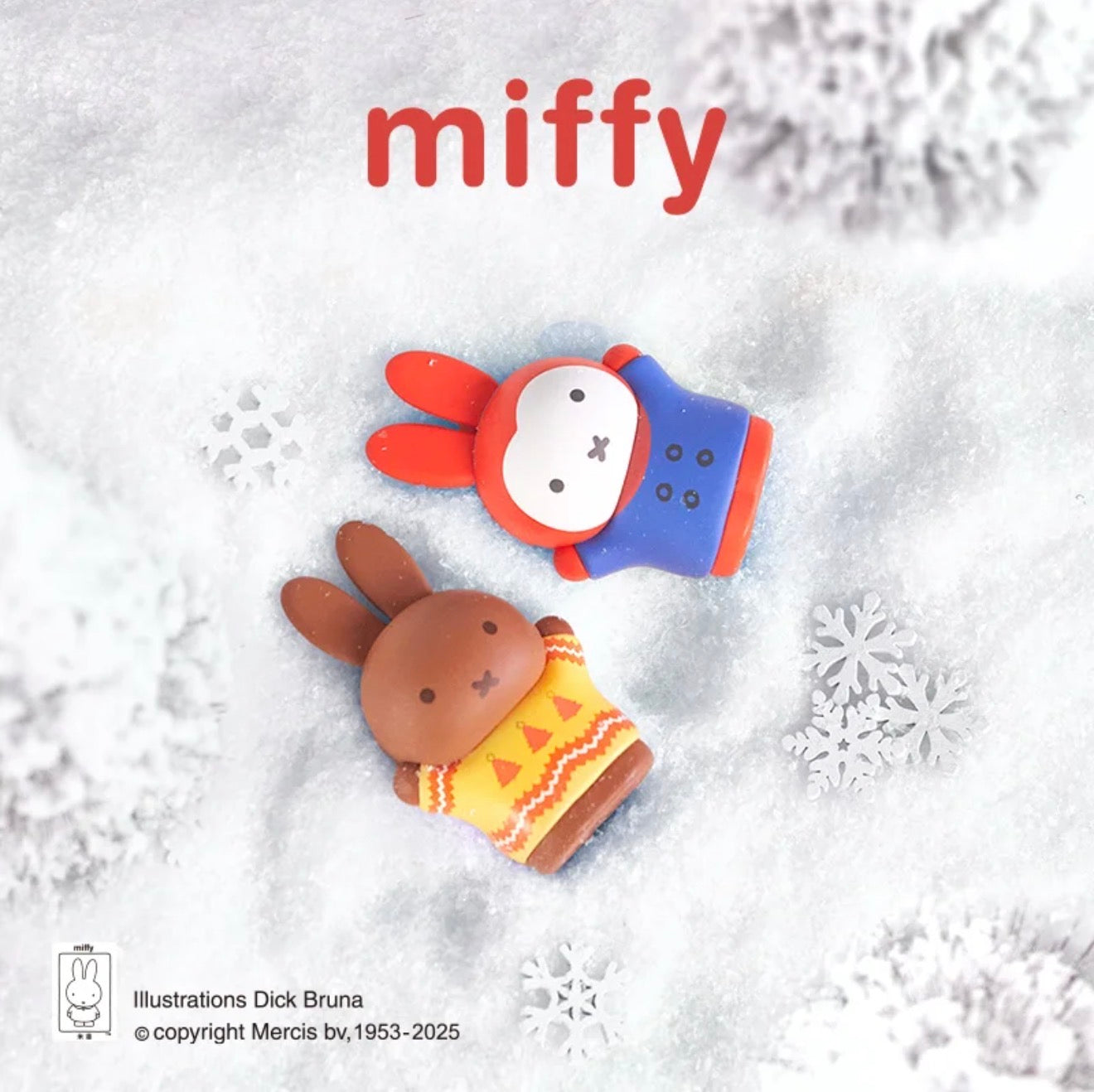 Miffy Christmas Blind Box Series: Miffy and Melanie figures in snow, surrounded by snowflakes, featuring the Miffy logo and Dick Bruna copyright.