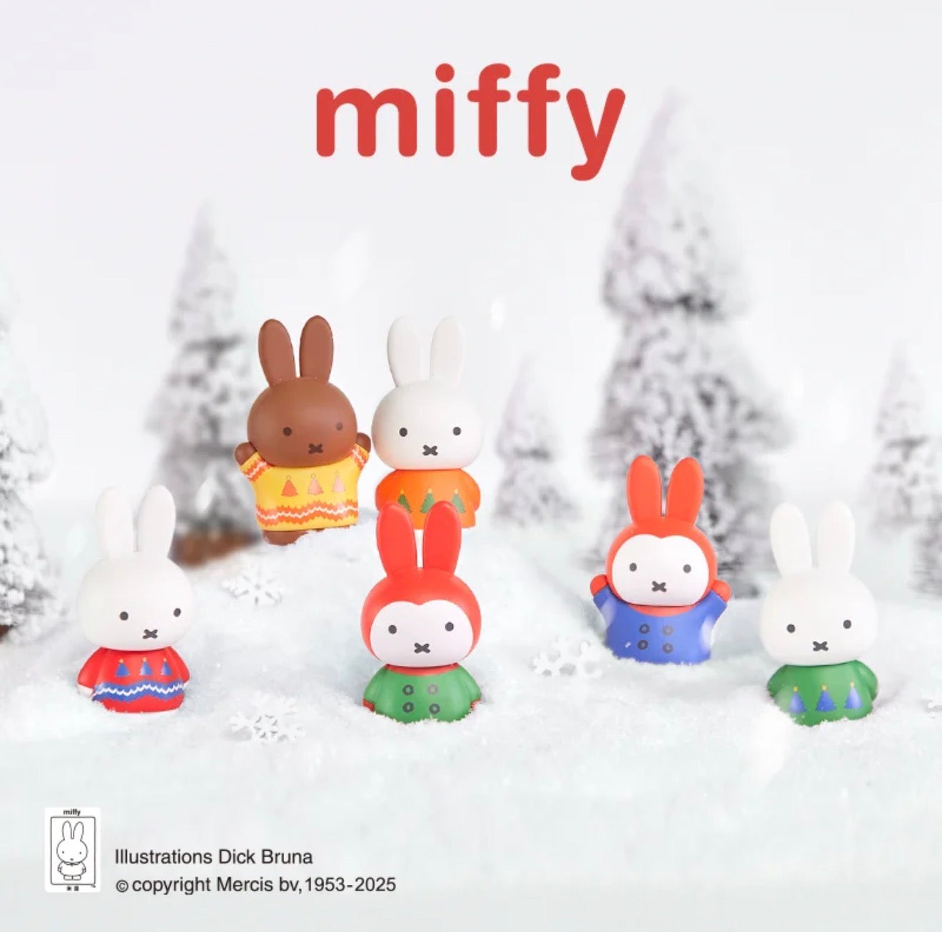 Miffy Christmas Blind Box Series features six bunny figurines in winter sweaters, set in a snowy scene. Collect all regular and secret designs.