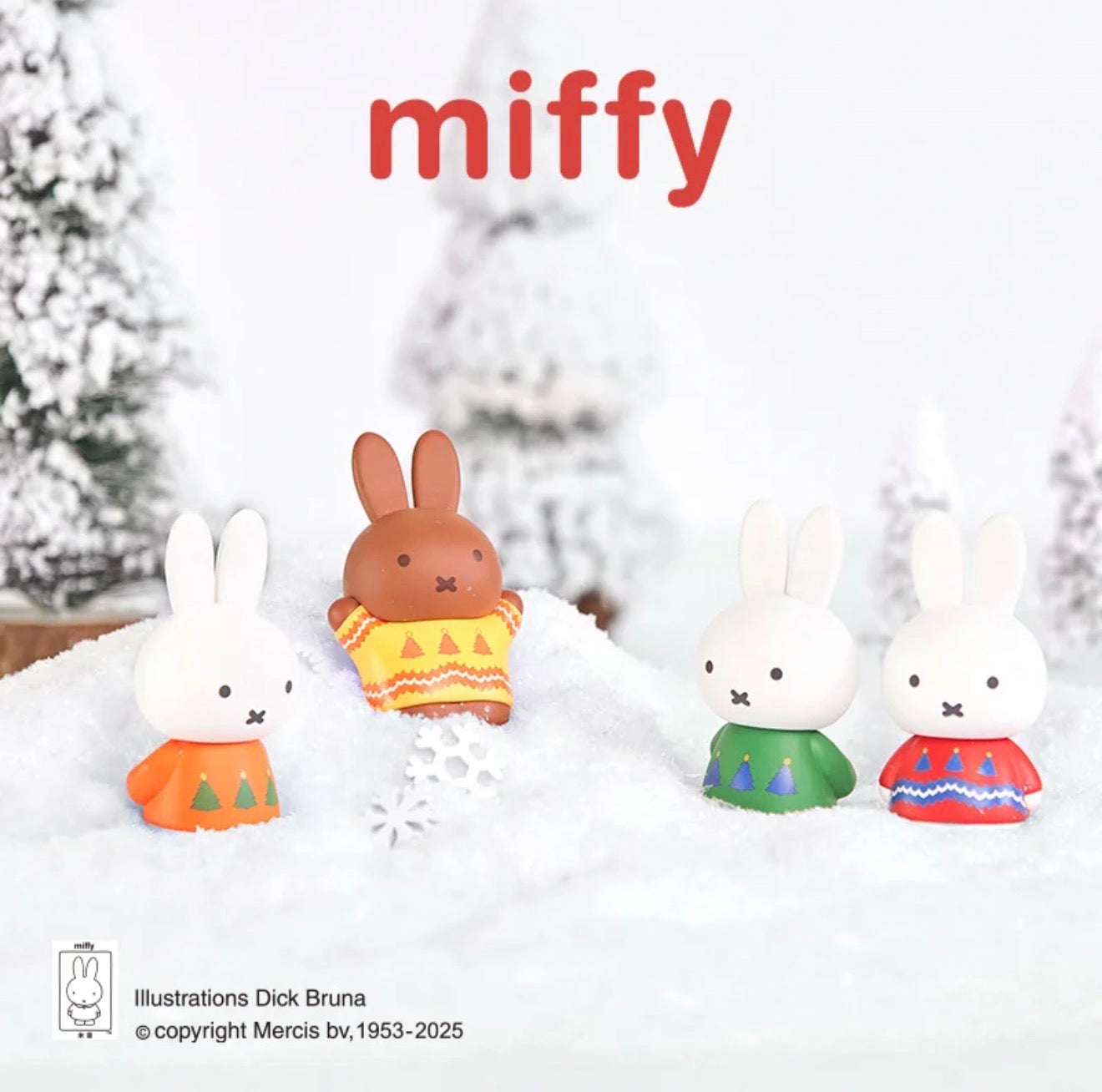 Miffy Christmas Blind Box Series features four Miffy rabbit figurines in holiday sweaters in a snowy scene, highlighting collectible designs available at Strangecat Toys.