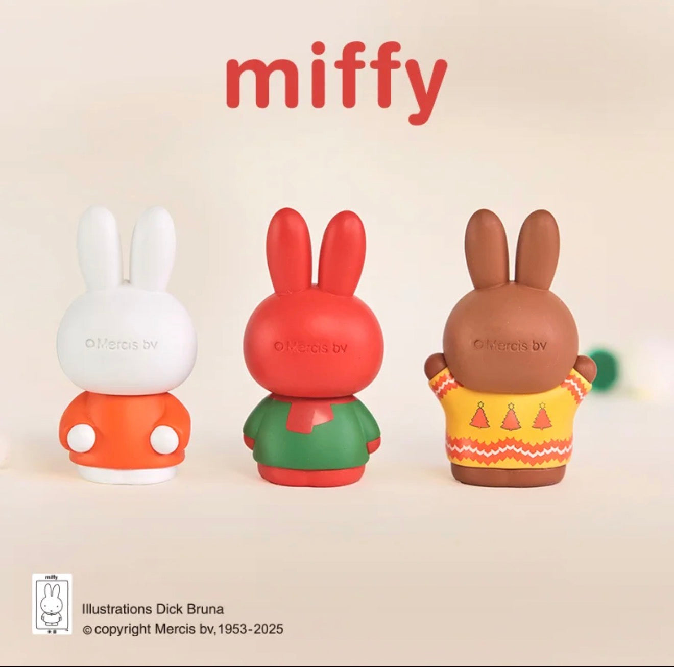 Miffy Christmas Blind Box Series featuring three vinyl figures: classic, red-painted, and brown Miffy, showcasing diverse sweater designs with Dick Bruna's iconic style.