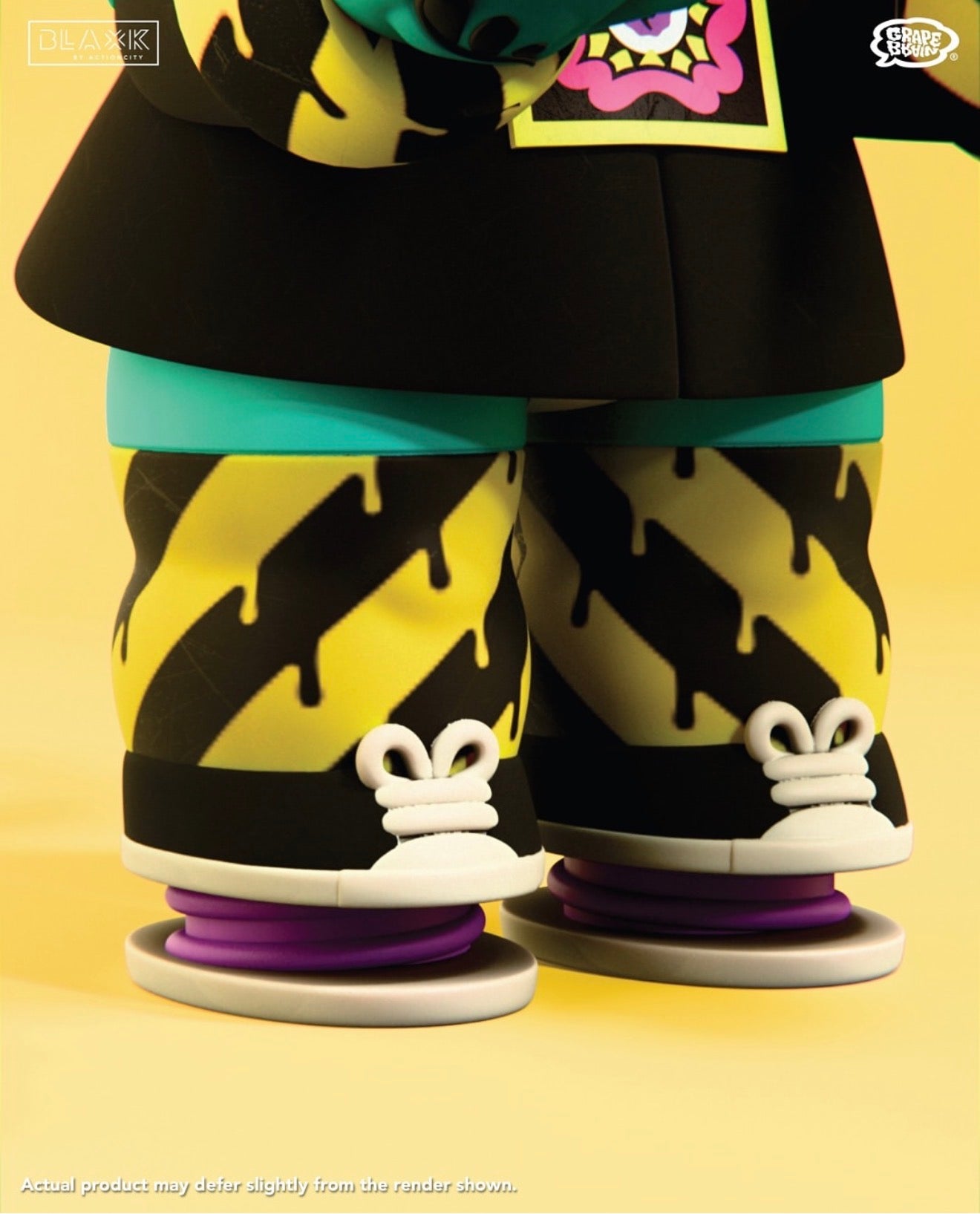 Underworld Girl - SHISHIKABA NENE Chan figure featuring caution-striped pants, teal accents, chunky purple-spring sneakers, and a colorful patched black overgarment. Limited edition resin collectible.